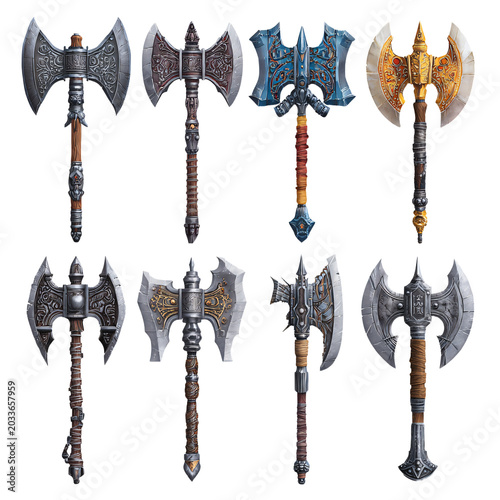 Professional Set of Fantasy Battle Axes Hatchet Isolated Transparent