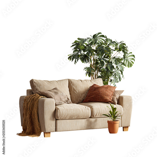 Sofa and Plant on Transparent Background PNG Isolated on White