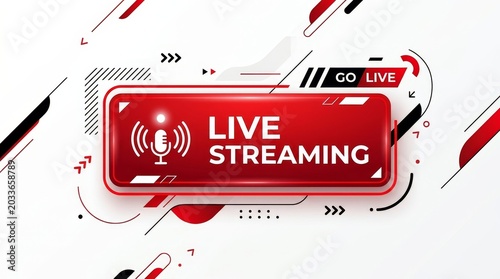 Set of red and black glossy live streaming buttons and lower thirds on white background.