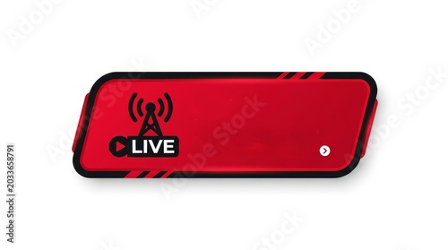 Set of red and black glossy live streaming buttons and lower thirds on white background.