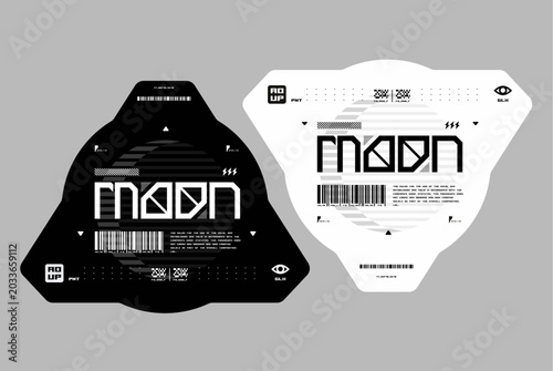 Futuristic MOON techwear labels with triangular shape and cyberpunk typography for streetwear design