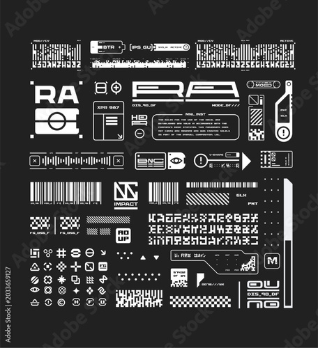 Cyberpunk HUD interface elements set with barcodes, technical signs and futuristic typography