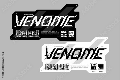 Futuristic VENOME techwear labels with distorted typography and cyberpunk graphic elements