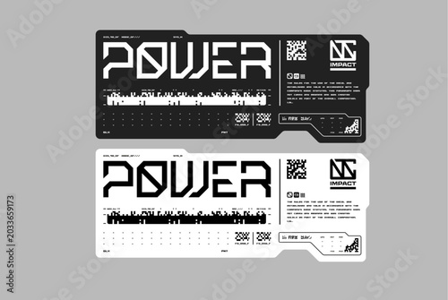 Futuristic POWER techwear labels with impact logo and cyberpunk industrial graphic elements