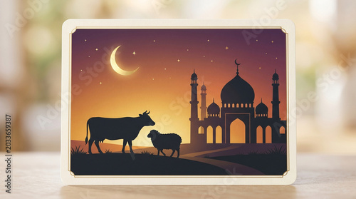 Eid al-Adha greeting card design with mosque and sacrificial animal silhouette