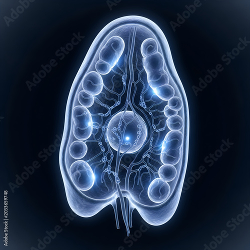 Anatomical kidney illustration, human organ, medical imaging, blue transparent