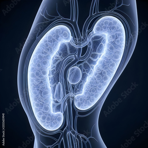 Human kidney anatomy, glowing blue illustration, medical imaging, 3D rendering, nephrology concept
