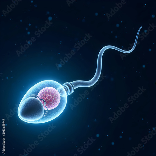 Sperm cell, human reproduction, fertility concept, microscopic view, glowing blue
