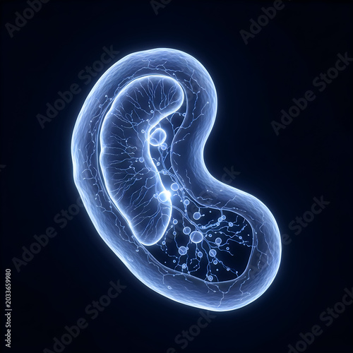 Glowing blue human ear anatomy, transparent inner ear structure, medical illustration, ear health concept