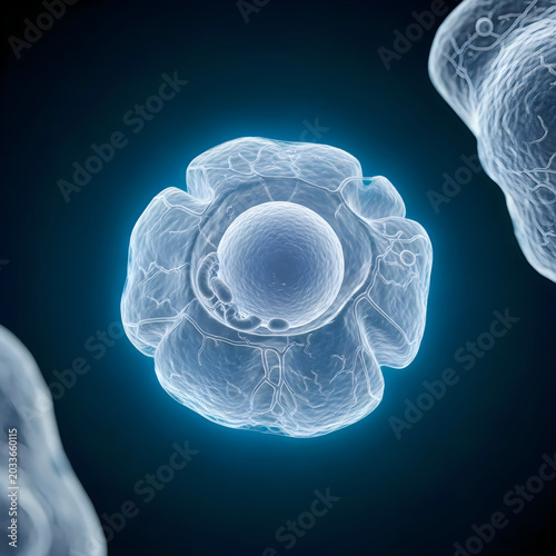 Microscopic cell structure, translucent cellular organism, glowing blue biology, scientific 3D rendering