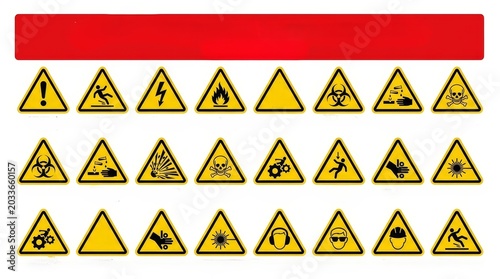 Comprehensive collection of yellow triangular warning symbols and safety hazard signs on black background.