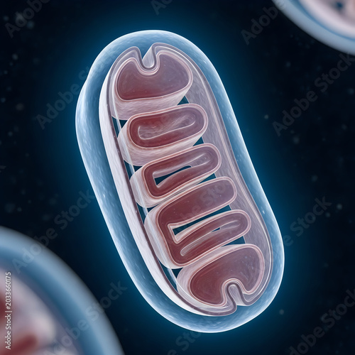 Mitochondria, cell organelle, biological structure, microscopic detail, 3D illustration
