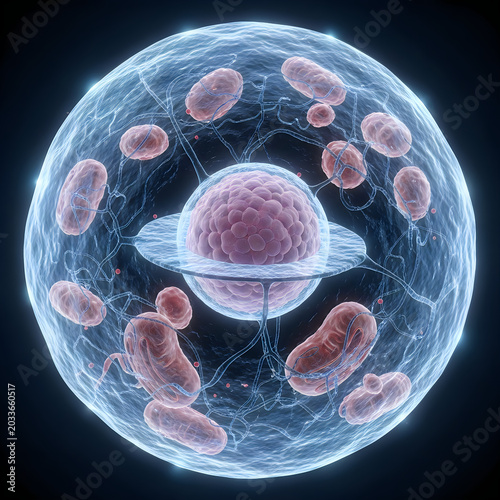Cell, nucleus, mitochondria, microscopic, biology, cellular structure, 3D illustration
