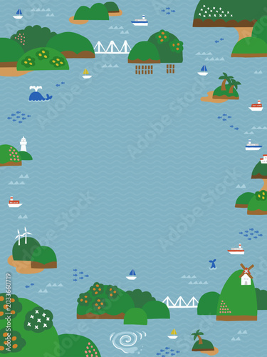 海と島々の風景イラスト　背景・フレーム素材（縦向き）