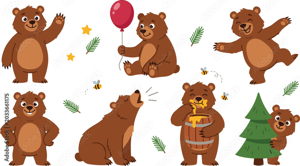 Fototapeta premium Cute Grizzly Brown Bear Character Vector Illustration Set Featuring Waving Hand, Holding Red Balloon, Dancing, Howling, Eating Honey from Barrel, and Peeking behind Pine Tree
