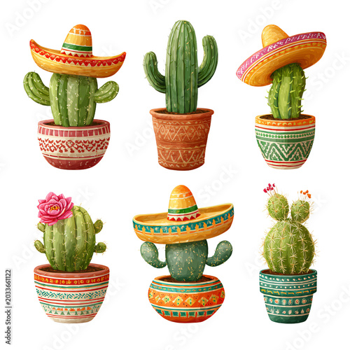 Professional Set of Cacti with Sombreros on Transparent Background for Festive Designs