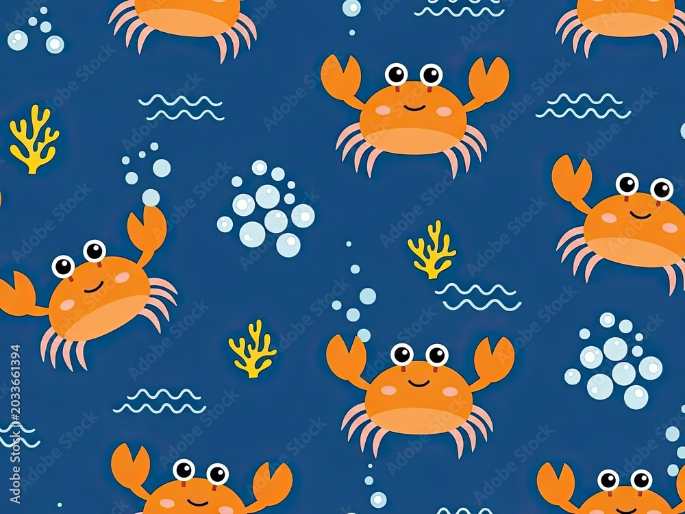 Fototapeta premium Cute cartoon crab pattern on dark blue, with bubbles, seaweed, and waves