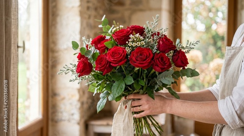 Title: Red rose bouquet in vase with candle on wooden table romantic setting

