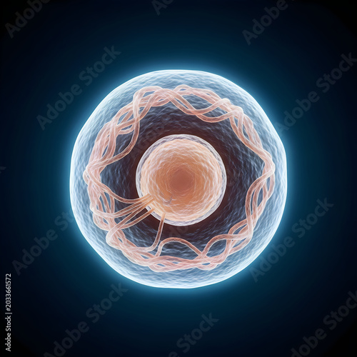 Glowing cell, microscopic view, biology illustration, scientific 3D render