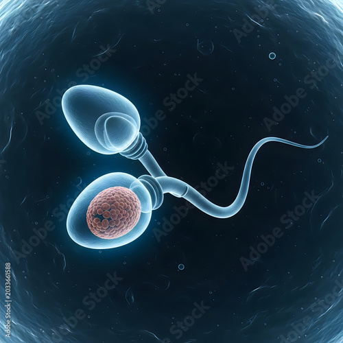 Human sperm fertilizing egg, 3D illustration, microscopic view, reproductive biology, fertilization process