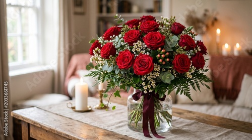 Title: Red rose bouquet in vase with candle on wooden table romantic setting

