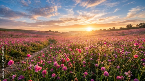 Title: Cosmos flower field at sunrise with mist and golden sky

