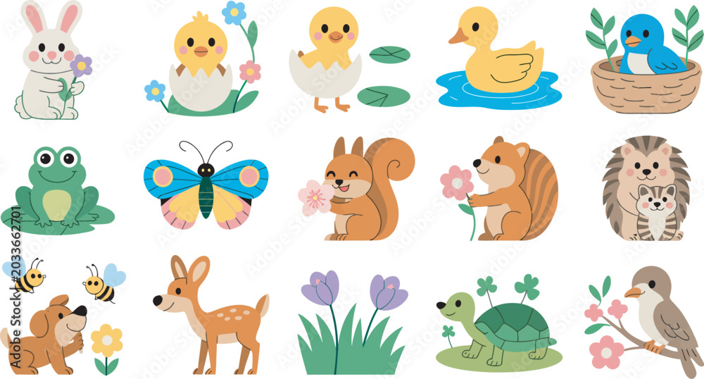 Fototapeta premium Charming collection of cute cartoon animals in a spring meadow setting, perfect for children’s illustrations and playful design projects, adorable nature characters, colorful vector illustration 