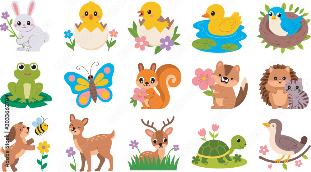 Obraz premium Cute cartoon animals vector illustration collection in a spring meadow setting, charming woodland and farm inspired characters, perfect for children’s books, nursery designs