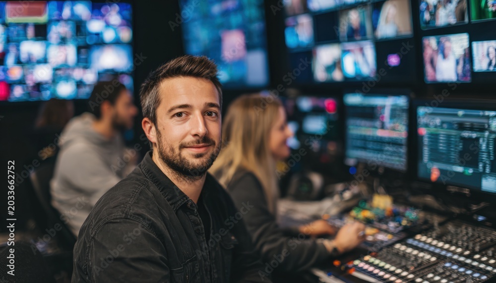 Fototapeta premium Man working at sound mixing console in a professional audio control room with multiple monitors and equipment