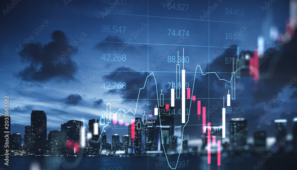 Εκτύπωση καμβά Night city skyline with illuminated financial chart overlay showing market movements and economic data in a modern business atmosphere
