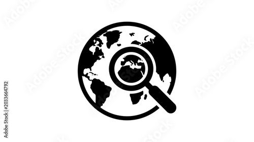 Globe with magnifying glass black silhouette on white background