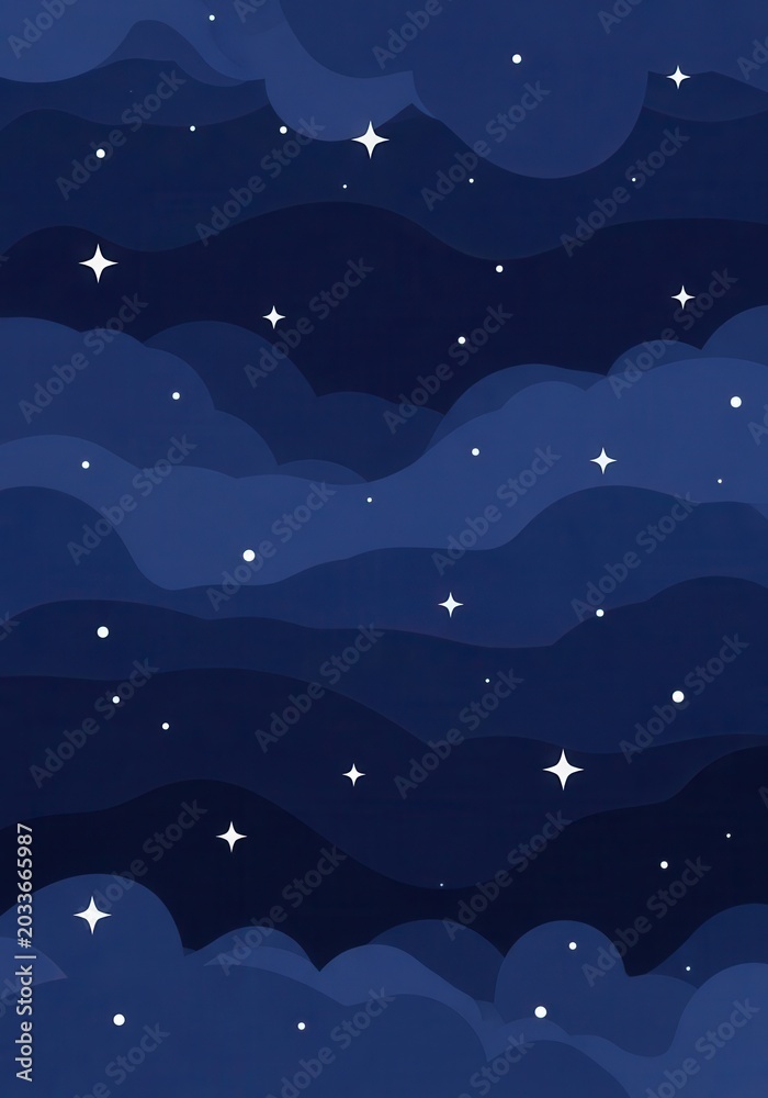 Fototapeta premium Stylized Dark Blue Night Sky Illustration with Layered Clouds and Twinkling White Stars Background for Creative Projects