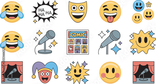 Foto Vibrant collection of cartoon style humor and comedy icons featuring laughing em