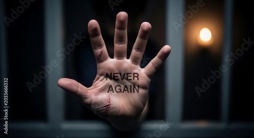 A conceptual image of a human hand showing the message never again with prison bars in the background.