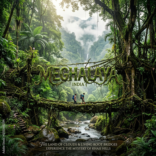 Lush green landscape of Meghalaya with iconic living root bridge and waterfall