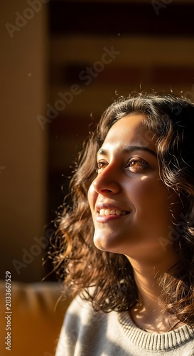 A contemplative young woman with curly hair bathed in soft golden hour sunlight.