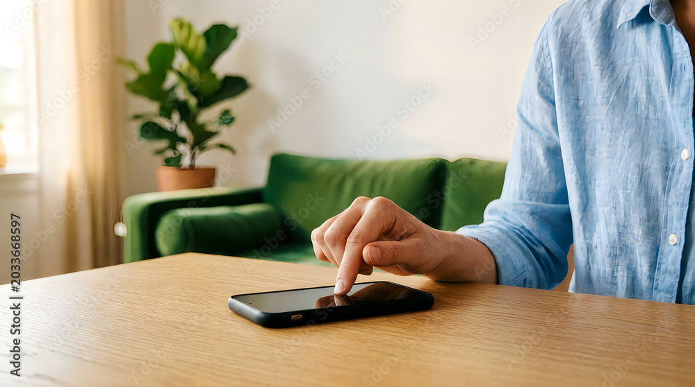 Fototapeta premium Man in blue shirt interacting with smartphone on wooden table