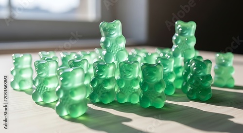 A crowd of green gummy bears standing together.