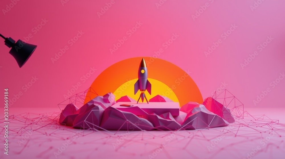 Obraz premium Stylized rocket launch scene. Pink backdrop, geometric shapes, orange sun. Minimalist design, futuristic concept, vibrant colors.