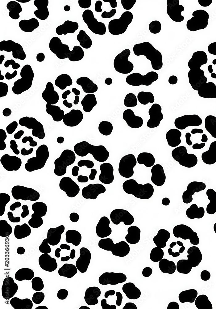 Fototapeta premium Black and White Abstract Leopard Print Pattern with Floral Style Spots for Textile Design and Backgrounds