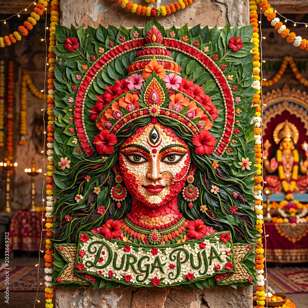 Fototapeta premium Beautiful portrait of Goddess Durga crafted from natural leaves and red flowers