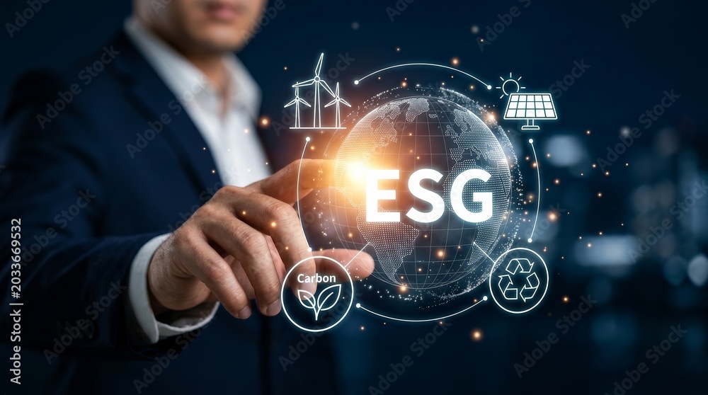 Obraz premium Businessman touching ESG investment icons representing environmental, social, and governance strategy.