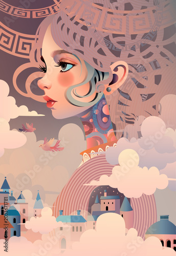 Cartoon style girl with abstract city in the background