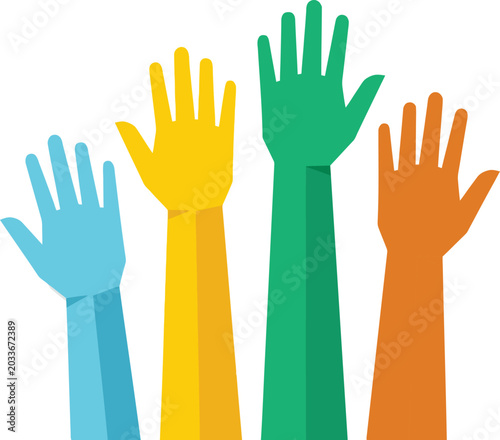 Fotografie Volunteering and voting concept with colorful raised hands silhouette vector fla