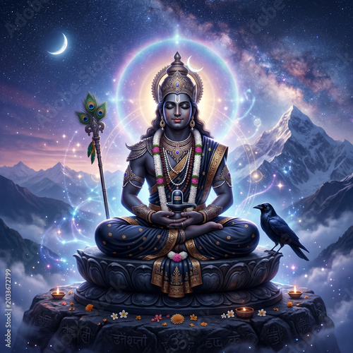 Lord Shani Dev meditating on a lotus flower in the Himalayas under a starry sky