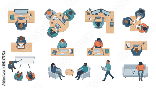 A top-down collection of vector illustrations depicts various office scenarios. CAD Blocks Icon Sheet Vector