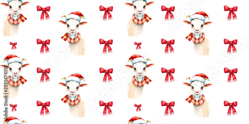 Tableau sur toile Goat in red cape with bows, seamless repeating pattern with animals, Baa, pattern design for fabrics and wallpaper