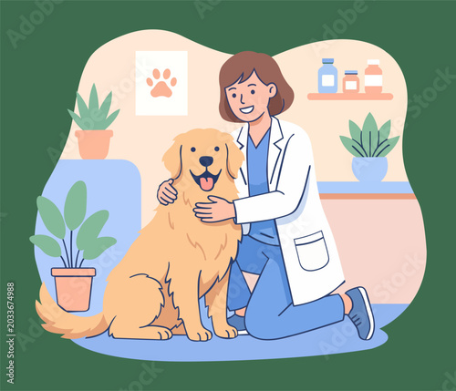 Cute Female Veterinarian Examining Golden Retriever Dog in Veterinary Clinic Flat Vector Illustration