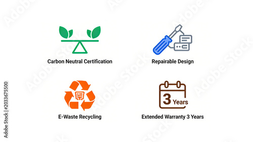 Covering carbon neutrality certification and repairable design, representing the concept of full cycle environmental protection, sustainable consumption, and long-term product use guarantee.
