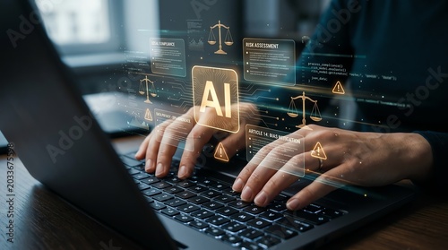 Professional hands typing on a laptop, interacting with holographic artificial intelligence, scales of justice, and digital data, symbolizing the integration of AI in legal and technology fields